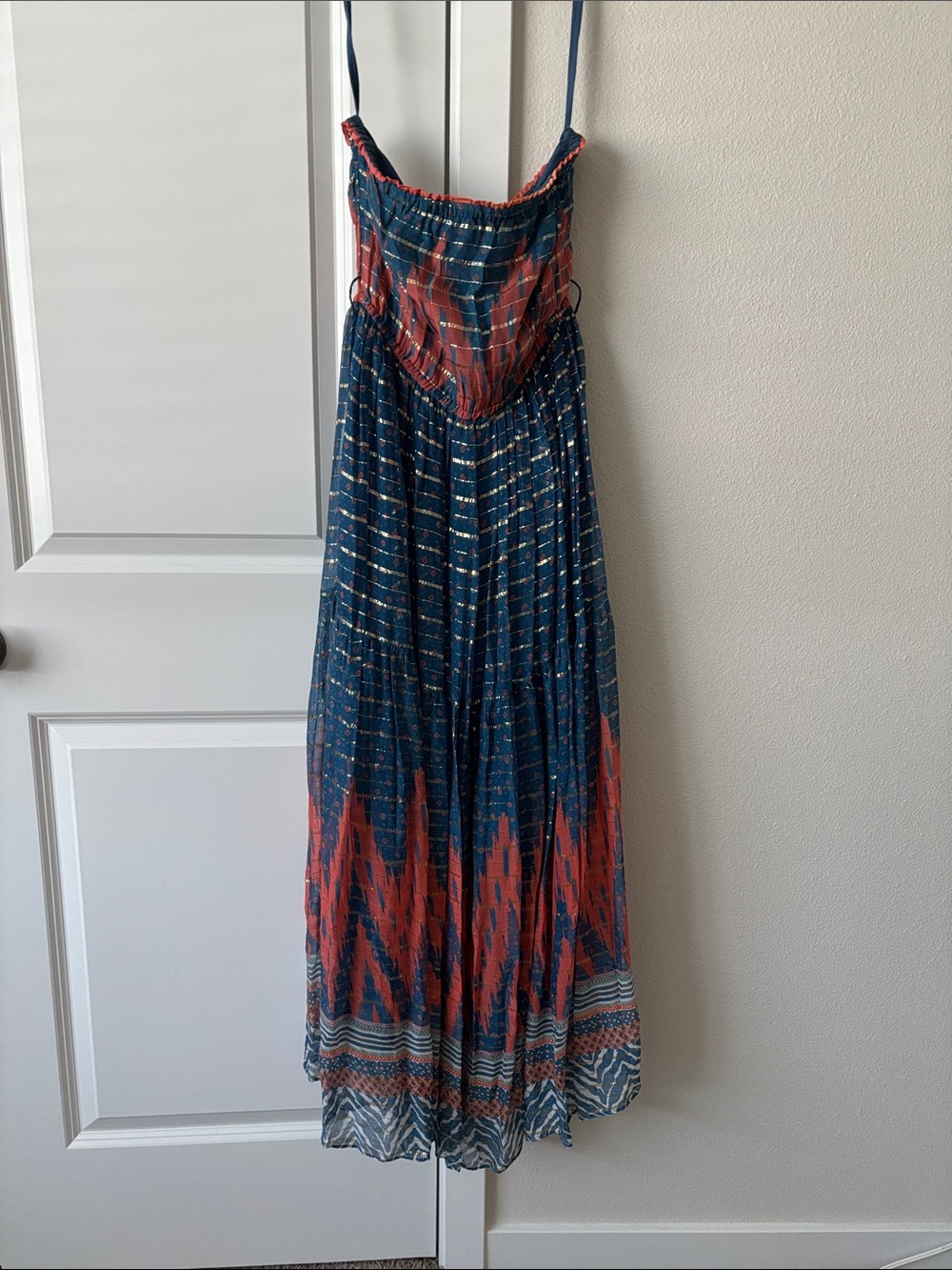 Verb for Anthropology Maxi Dress with Blue and Red Geometric Print Sz 6